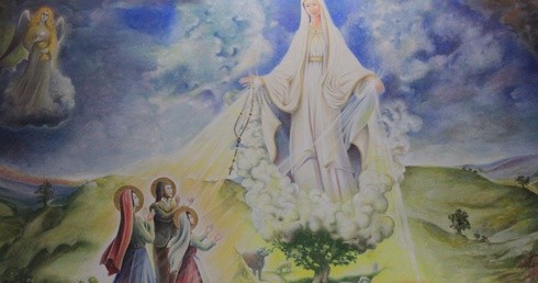 Maryja podająca różaniec i ucząca dzieci fatimskie modlitwy (fragment malowidła z prezbiterium kościoła św. Jana Pawła II w Ciechanowie)